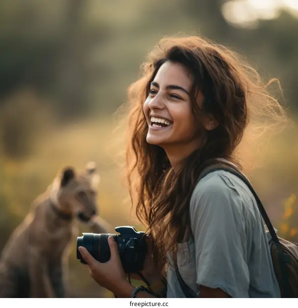 Laughing woman with a camera and a lion cub