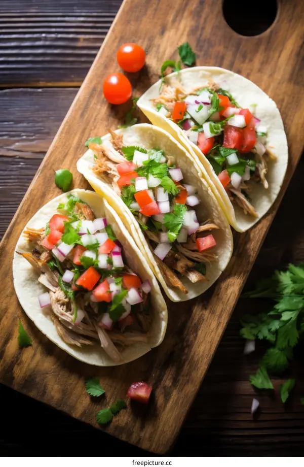 Three Pork Tacos with Fresh Salsa on a Board