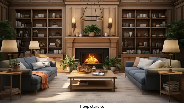 Cozy Living Room with Bookshelves and Fireplace