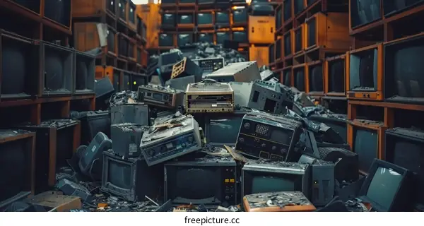 A Pile of Discarded Electronic Devices for Recycling