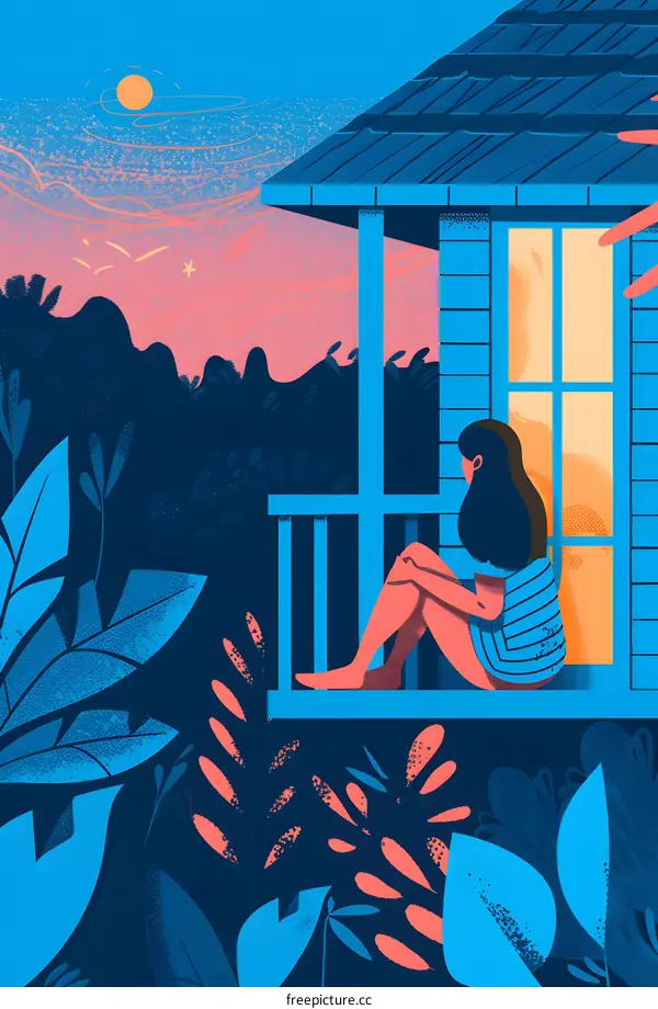 Woman Sitting on Porch at Sunset