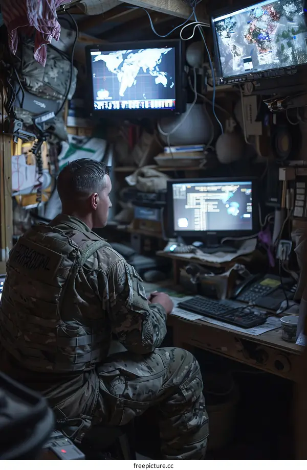 A soldier works at a computer in a military operations center.