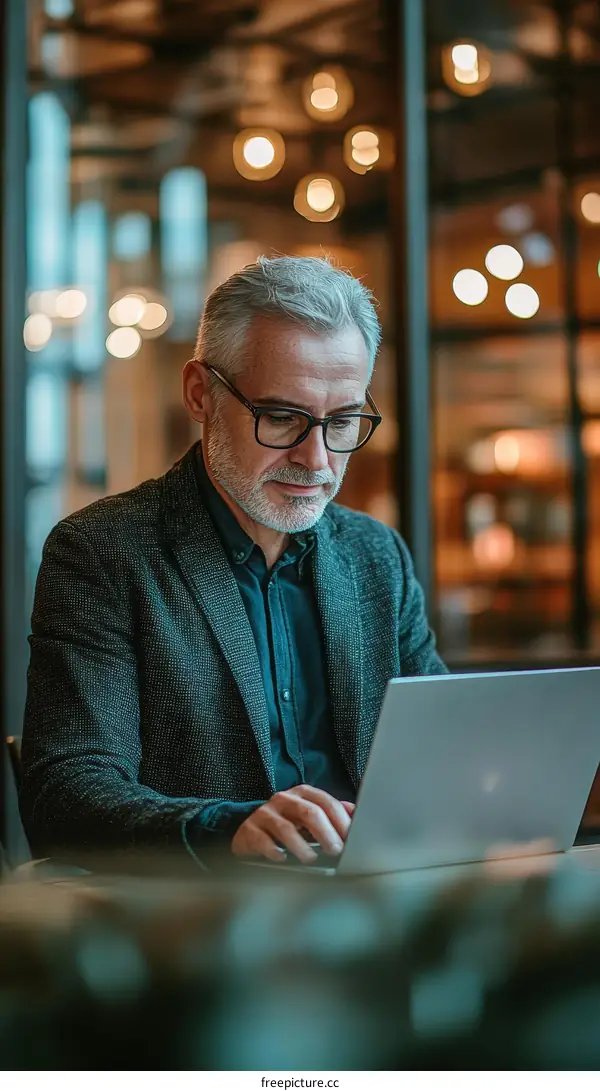 Businessman Working on Laptop in Cafe