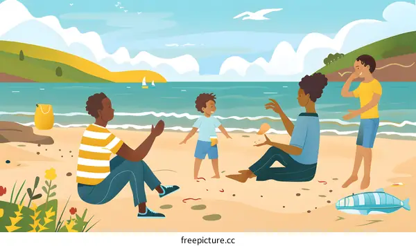 Family Summer Beach Trip with Kids Playing on the Sand