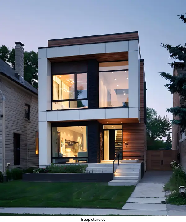 Modern Two Story Home Exterior With Large Windows