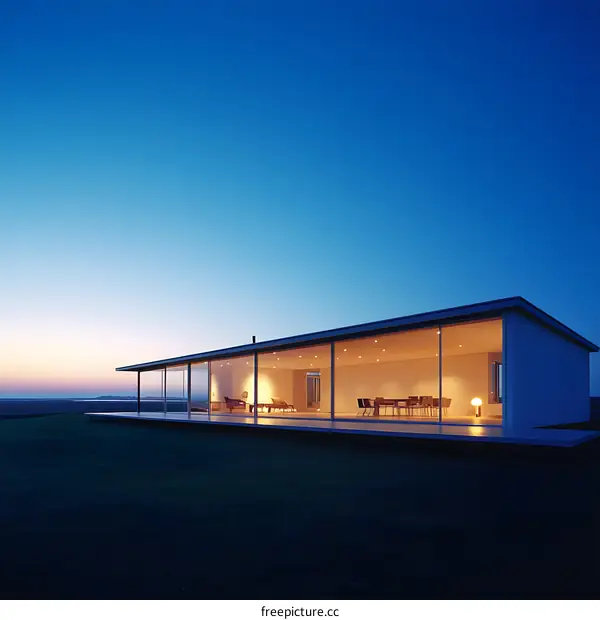 Modern House with Large Glass Windows at Sunset