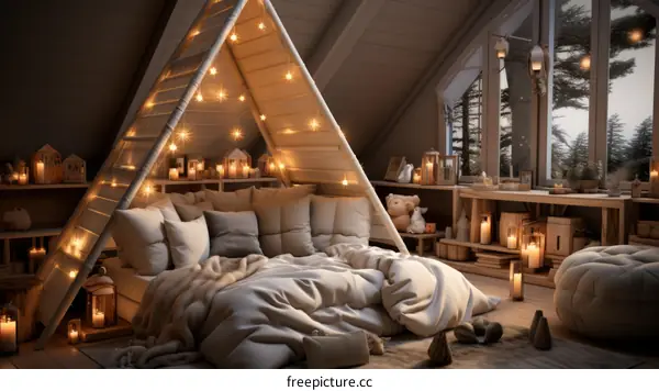 A cozy reading nook in a beautiful winter cabin