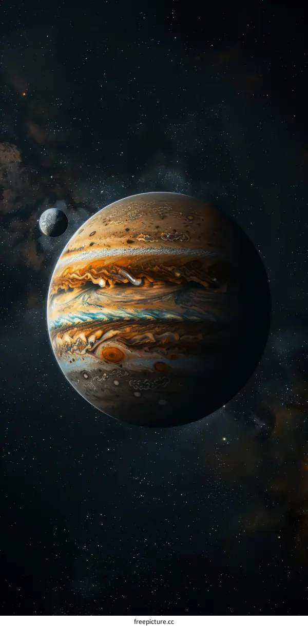 A digital painting of Jupiter and its moon, Europa.