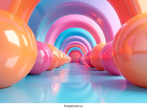 Pink and blue glossy balls in a blue tunnel
