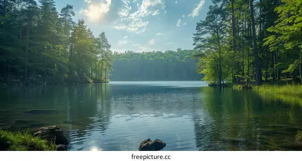 The sun shines through the forest and reflects off the lake
