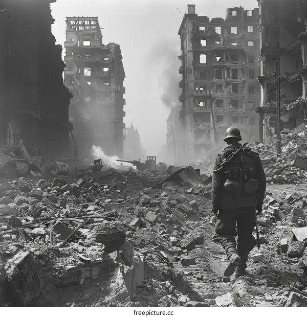 A soldier walking through a destroyed city during World War II