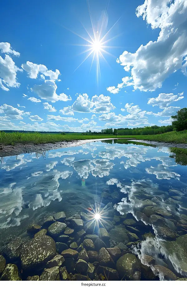 a photo of blue sky with white clouds and green field reflecting on the puddle
