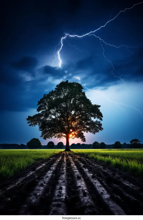 A large tree stands alone in a field during a lightning storm