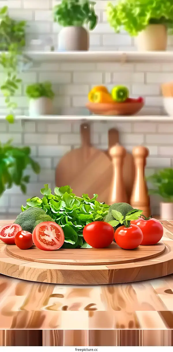 Fresh Vegetables on Wooden Cutting Board in Kitchen
