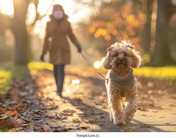 A woman walking her dog in the park