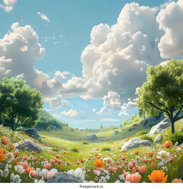 A beautiful landscape with rolling green hills, a blue sky, and fluffy white clouds.