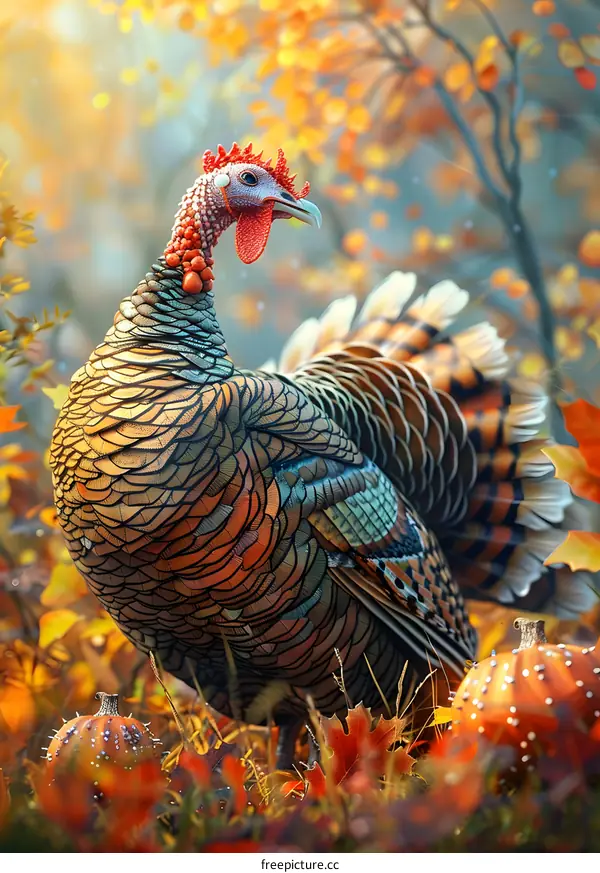 A turkey standing in an autumn forest