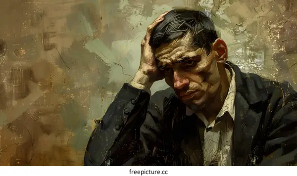 A man in a suit is holding his head in his hand