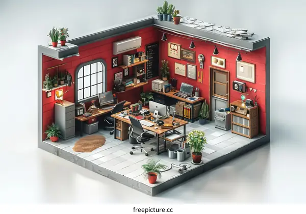 Cozy red home office interior isometric illustration