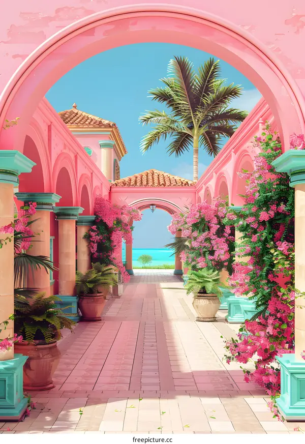 Pink Archway Leading to Tropical Beach