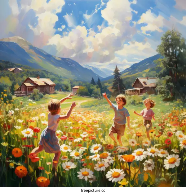 Three children are running in a field of flowers near a mountain village