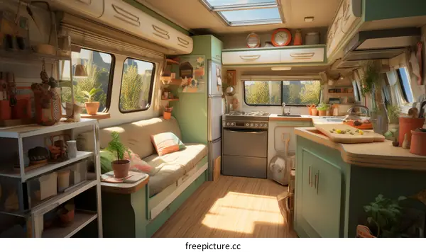 Cozy interior of a vintage camper van
