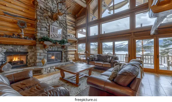 A cozy living room with a fireplace and a view of the lake
