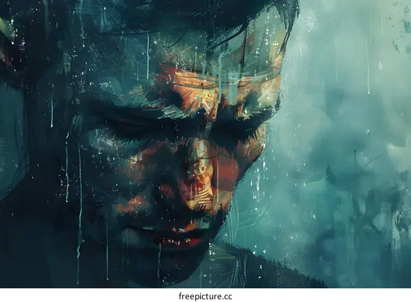 Abstract Portrait of Man with Closed Eyes and Green Background