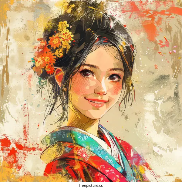 An illustration of a Japanese woman with a red kimono and yellow flowers in her hair