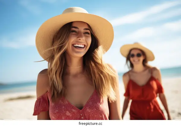 Two young women walking on the beach