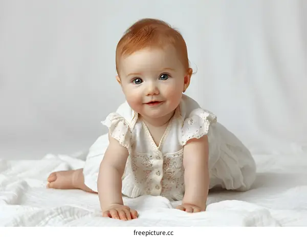 Portrait of a happy smiling redheaded baby girl in a white dress crawling on a white blanket