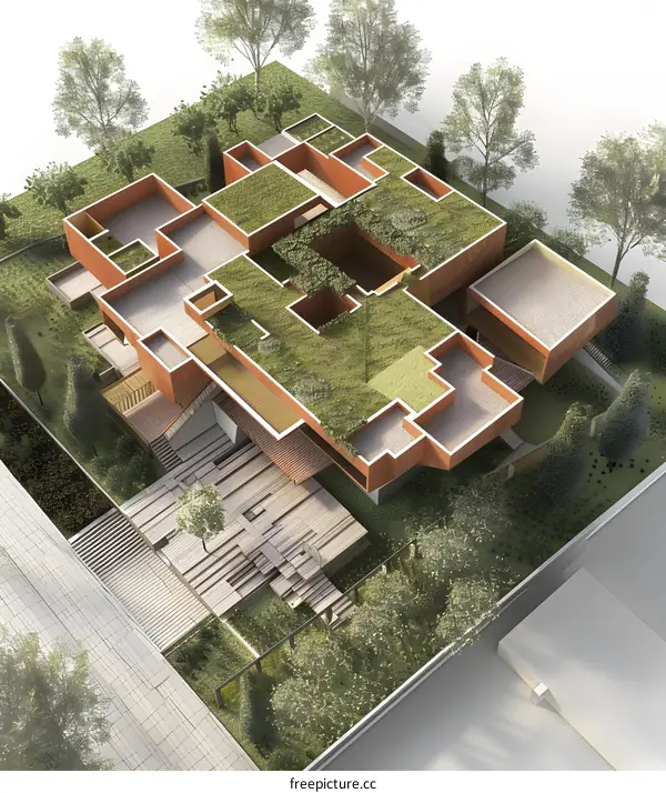 Modern Architecture with Green Roof and Courtyard