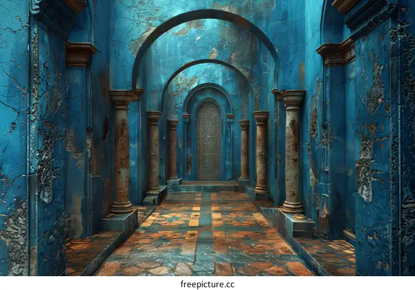 ornate hallway with blue columns and tiled floor