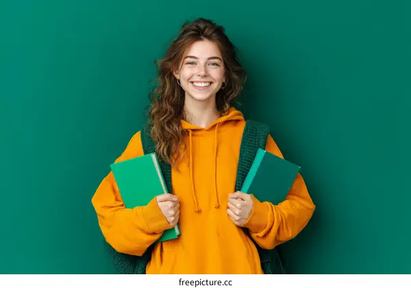 Smiling Caucasian Student Holding Books Against Green Background
