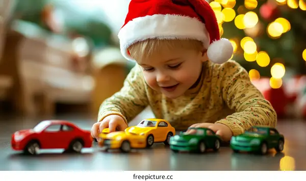 Toddler in Santa Hat Playing with Toy Cars near Christmas Tree
