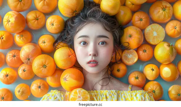 Asian woman with wet hair lying in water with oranges