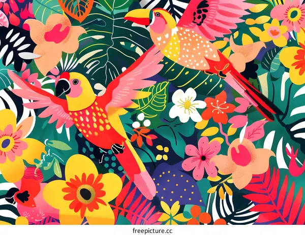 Tropical Bird Illustration with Colorful Flowers and Leaves