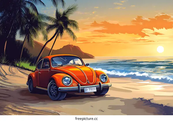 Orange Vintage Car On Beach At Sunset