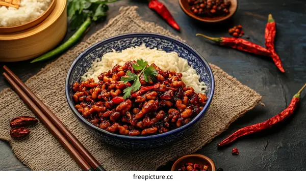 Delicious Spicy Pork and Rice Bowl with Chili Peppers