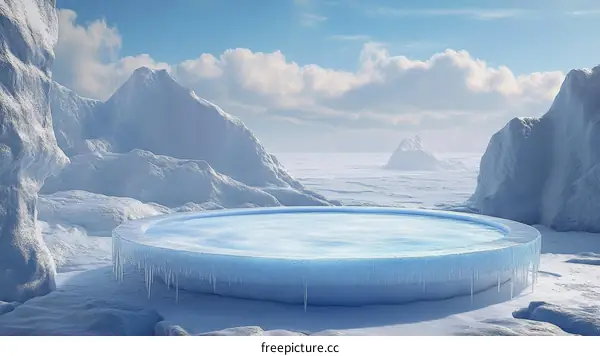Icy Pool in Snowy Mountains Landscape