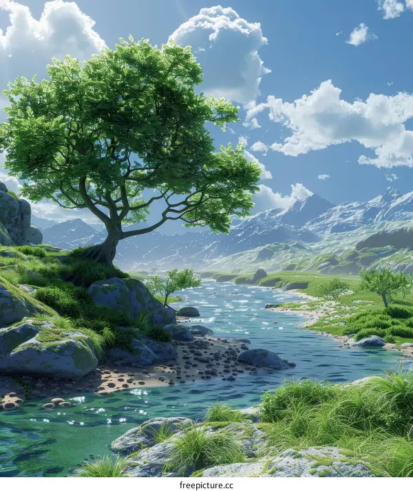 A serene river meanders through a picturesque valley, flanked by verdant trees and a majestic mountain range under a clear blue sky