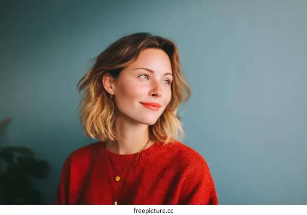Thoughtful Woman in Red Sweater Against Teal Background