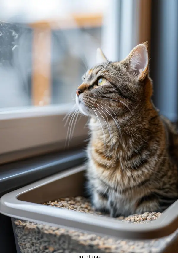 A ginger cat sitting in a litter box looking out the window