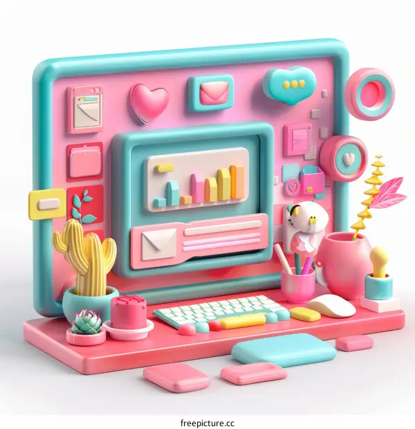 3D illustration of a computer and office supplies