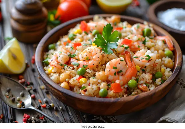 Healthy food with shrimps, vegetables and spices