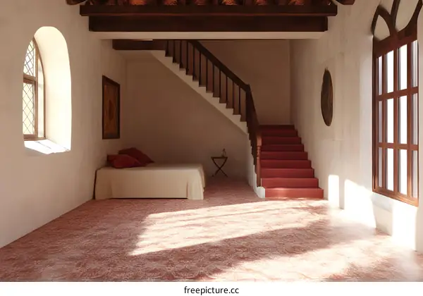 Interior Design with Rustic Staircase and Bed