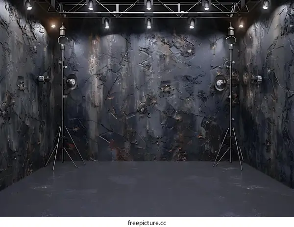 Dark Concrete Studio Background With Lighting Equipment