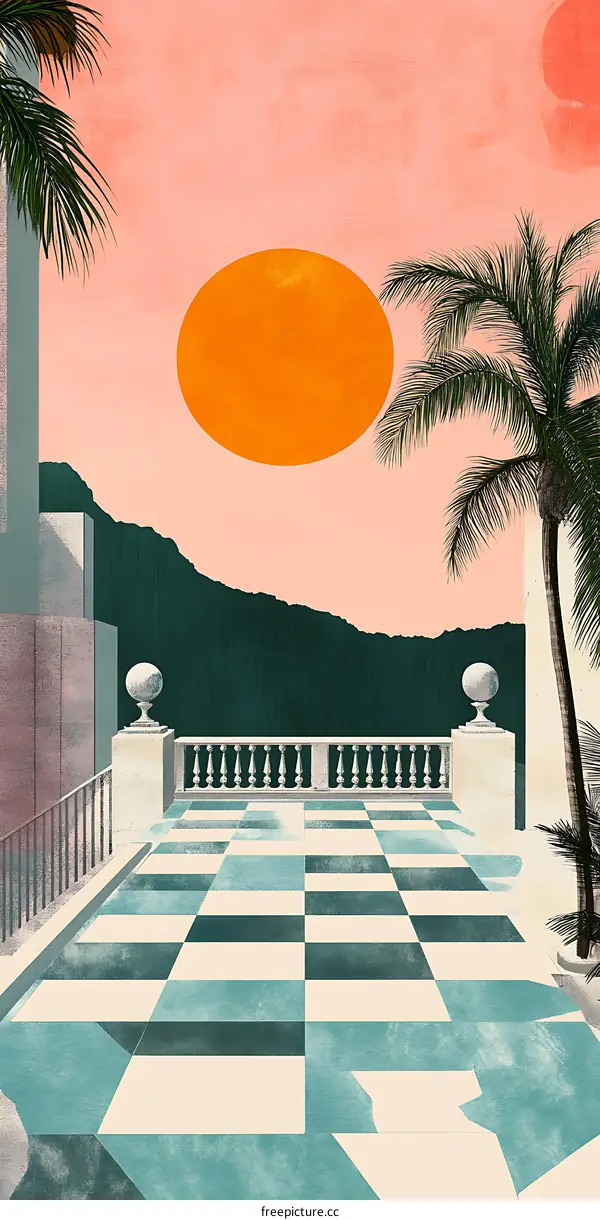 Sunset Over Checkered Patio With Palm Trees