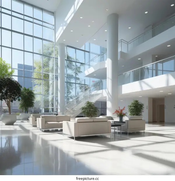 Office lobby interior with modern furniture and large windows