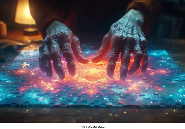 An elderly person's hands are carefully arranging the pieces of a jigsaw puzzle.